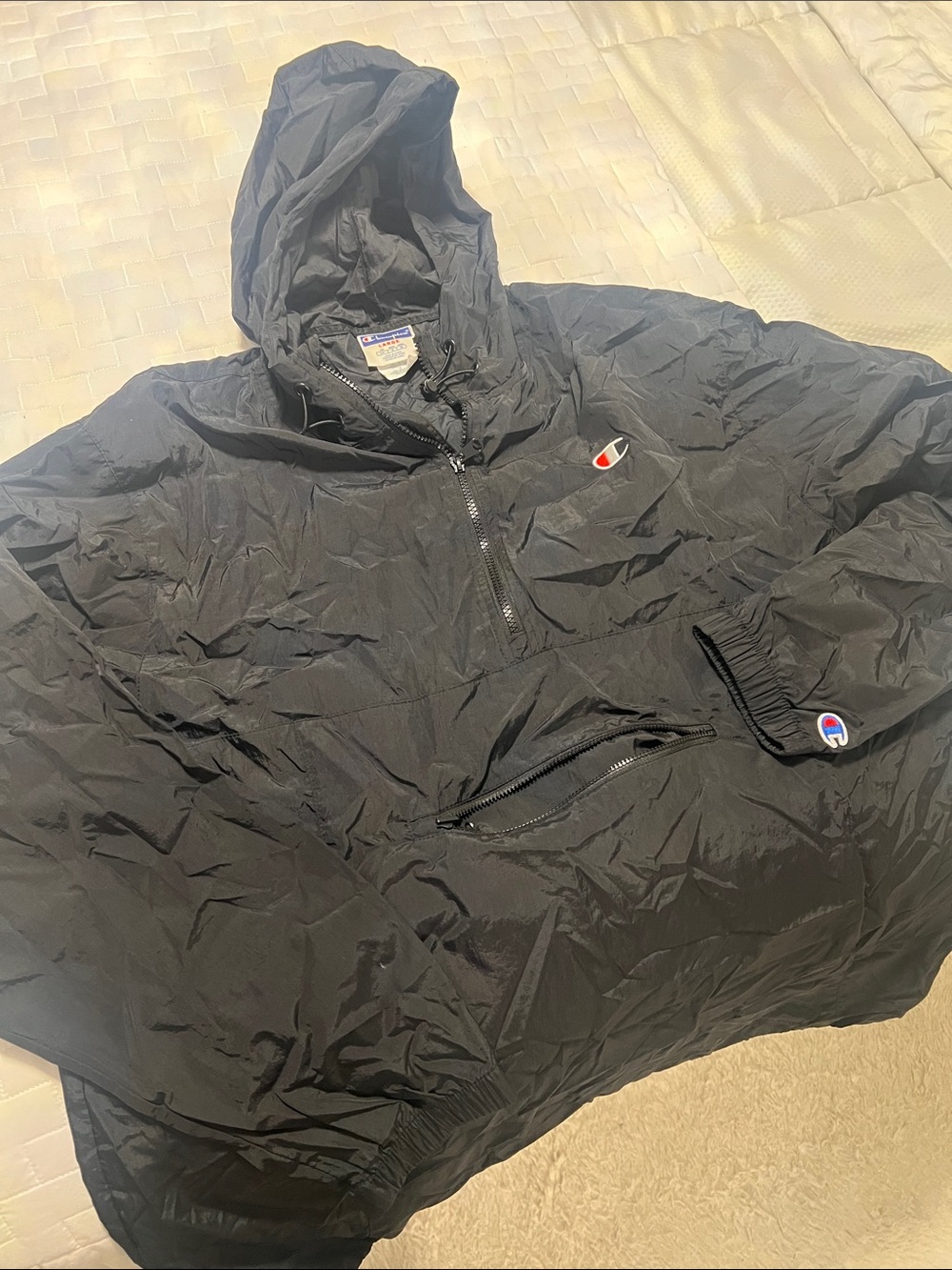 Champion Black Hooded Pullover Windbreaker with Logo